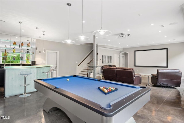 3601 Nightfall Ct, Raleigh, NC 27607 - playroom with bar area, billiards table, finished concrete floors, crown molding, and arched walkways