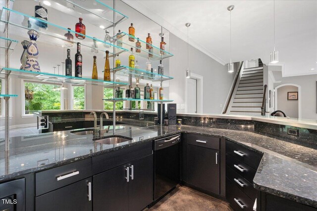 3601 Nightfall Ct, Raleigh, NC 27607 - indoor bar featuring black dishwasher, stairway, arched walkways, and ornamental molding