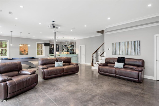 3601 Nightfall Ct, Raleigh, NC 27607 - living room featuring pool table, recessed lighting, ornamental molding, baseboards, and finished concrete flooring