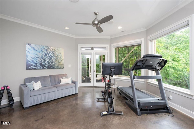 3601 Nightfall Ct, Raleigh, NC 27607 - workout area with ceiling fan, baseboards, crown molding, recessed lighting, and french doors