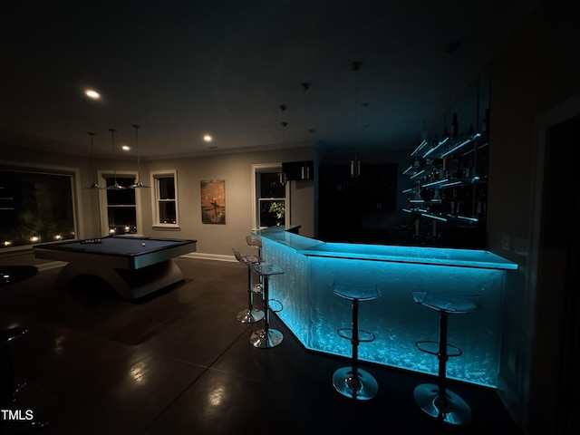 3601 Nightfall Ct, Raleigh, NC 27607 - playroom featuring pool table, baseboards, a dry bar, tile patterned flooring, and recessed lighting