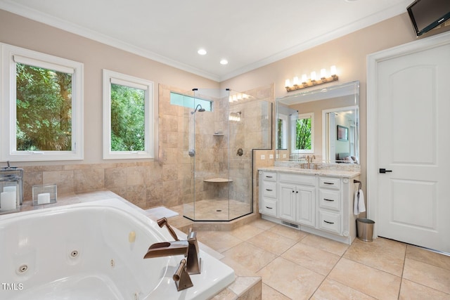 3601 Nightfall Ct, Raleigh, NC 27607 - full bathroom featuring a stall shower, a tub with jets, tile patterned flooring, vanity, and crown molding