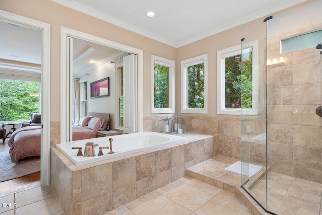3601 Nightfall Ct, Raleigh, NC 27607 - full bath featuring ensuite bathroom, ornamental molding, tile patterned floors, a bath, and a stall shower