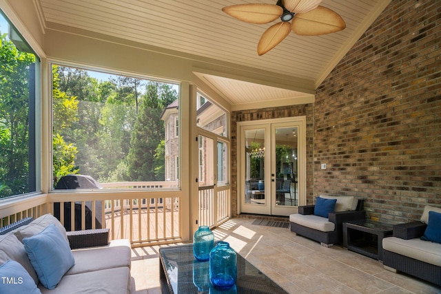 3601 Nightfall Ct, Raleigh, NC 27607 - sunroom with french doors, vaulted ceiling, ceiling fan, and outdoor lounge area