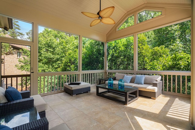 3601 Nightfall Ct, Raleigh, NC 27607 - sunroom / solarium featuring outdoor lounge area, lofted ceiling, and ceiling fan