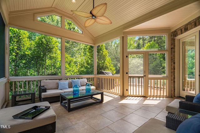 3601 Nightfall Ct, Raleigh, NC 27607 - sunroom / solarium featuring an outdoor living space, a ceiling fan, vaulted ceiling, and plenty of natural light