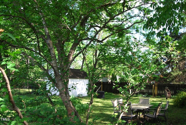 1013 Green St, Durham, NC 27701 - view of yard featuring a storage unit, a fenced backyard, and an outdoor structure