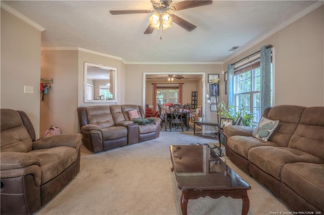 carpeted living room with plenty of natural light, a ceiling fan, and ornamental molding