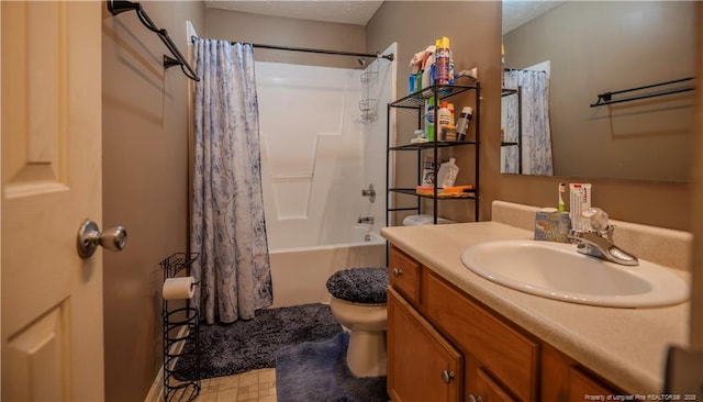 bathroom featuring vanity, shower / bathtub combination with curtain, and toilet