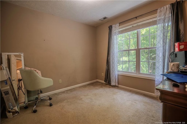 carpeted office space with baseboards, a textured ceiling, and visible vents