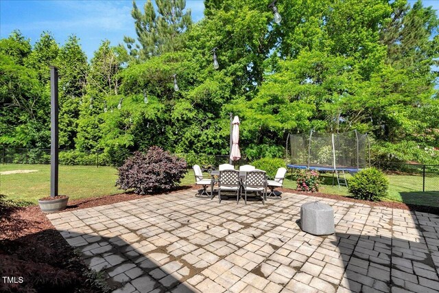 2062 Montgomery Dr, Franklinton, NC 27525 - view of patio / terrace with a trampoline, outdoor dining space, and view of scattered trees