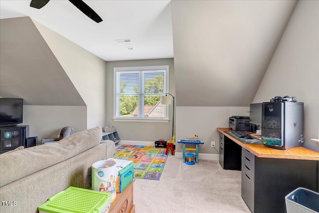 2062 Montgomery Dr, Franklinton, NC 27525 - rec room with light carpet, baseboards, ceiling fan, and lofted ceiling
