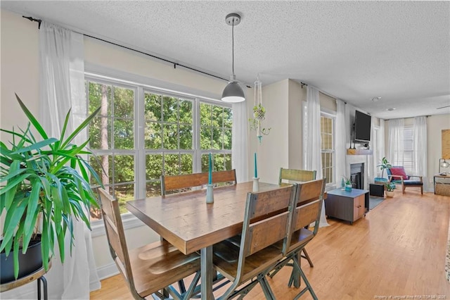 dining room with a textured ceiling, light wood-style flooring, and a fireplace