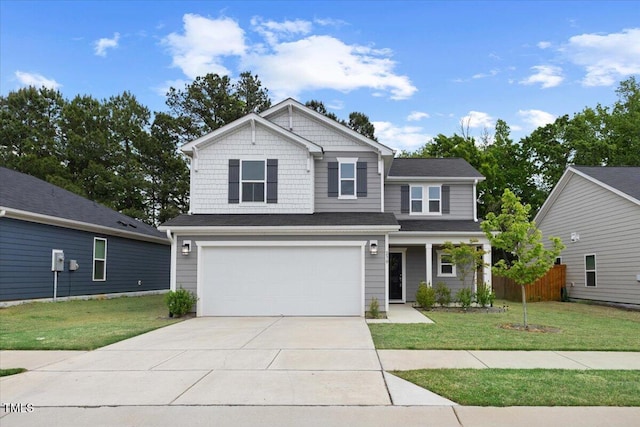 view of front of house with a garage, a front lawn, fence, and driveway