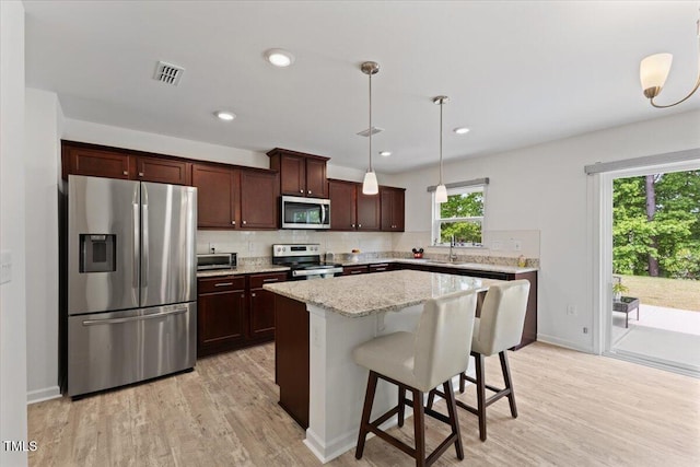 kitchen with light wood-style floors, a kitchen bar, a sink, backsplash, and stainless steel appliances