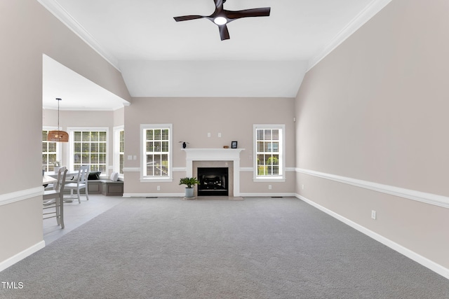 205 Carlyle Cir, Goldsboro, NC 27530 - unfurnished living room with baseboards, ornamental molding, lofted ceiling, a ceiling fan, and healthy amount of natural light