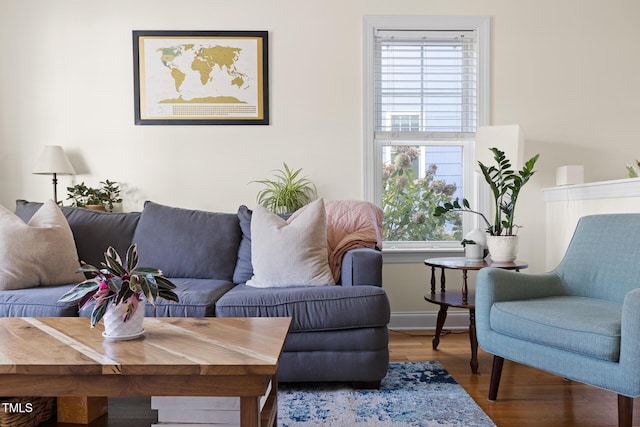 living area featuring baseboards and wood finished floors