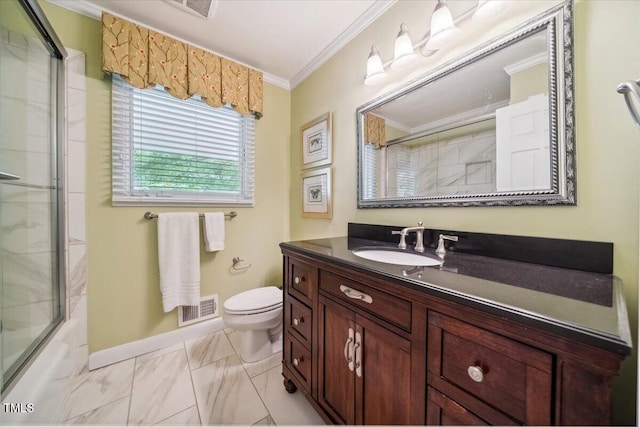 bathroom featuring visible vents, vanity, toilet, marble finish floor, and ornamental molding