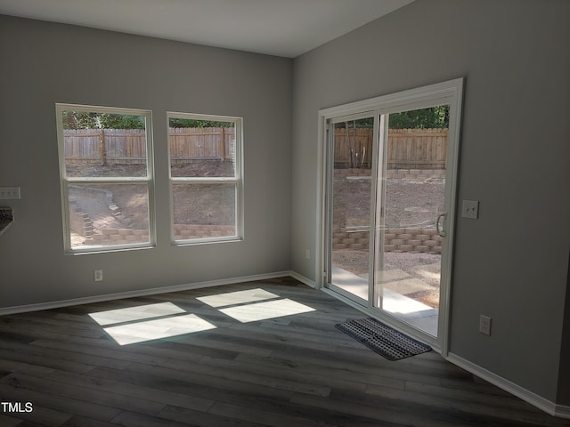 empty room featuring dark wood-type flooring, baseboards, and a wealth of natural light