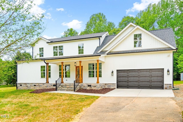 modern inspired farmhouse featuring covered porch, concrete driveway, roof with shingles, and a garage