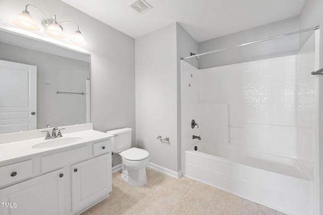 bathroom featuring vanity, toilet, baseboards, tub / shower combination, and visible vents