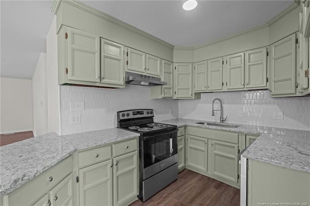 kitchen featuring dark wood-type flooring, a sink, stainless steel range with electric stovetop, and under cabinet range hood