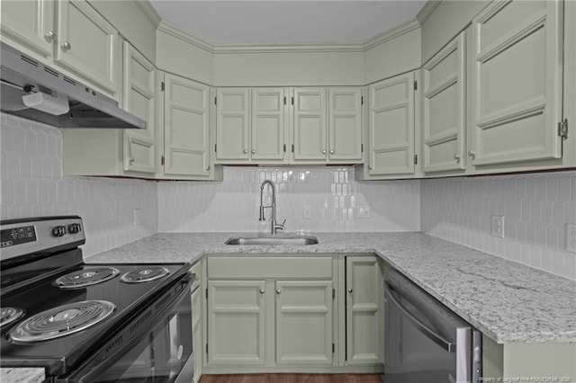 kitchen with light stone countertops, under cabinet range hood, tasteful backsplash, a sink, and appliances with stainless steel finishes