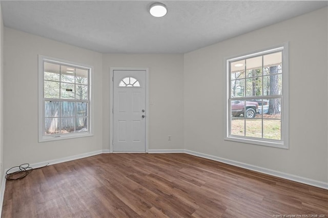 entrance foyer with a healthy amount of sunlight, baseboards, a textured ceiling, and dark wood-type flooring
