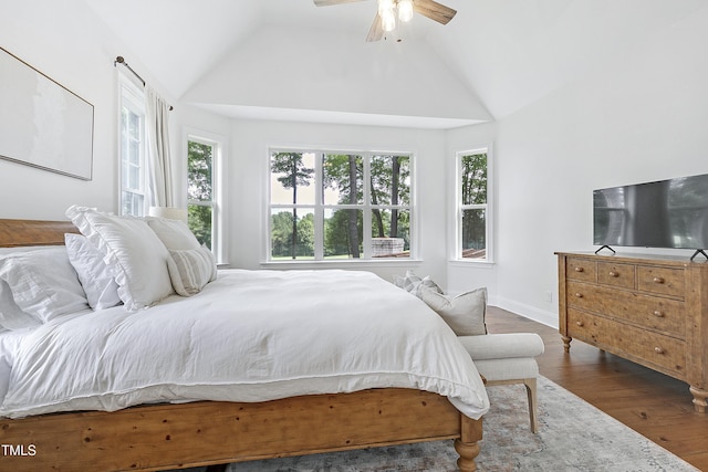 bedroom featuring multiple windows, wood finished floors, and lofted ceiling