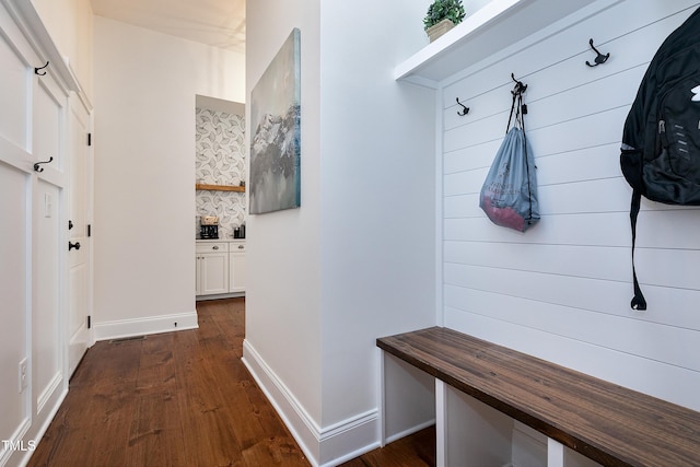 mudroom featuring baseboards and dark wood-style flooring