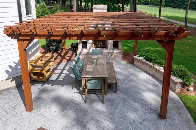 view of patio / terrace with outdoor dining space and an outdoor brick fireplace
