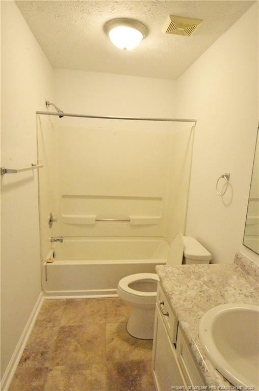 bathroom with bathtub / shower combination, toilet, a textured ceiling, and visible vents
