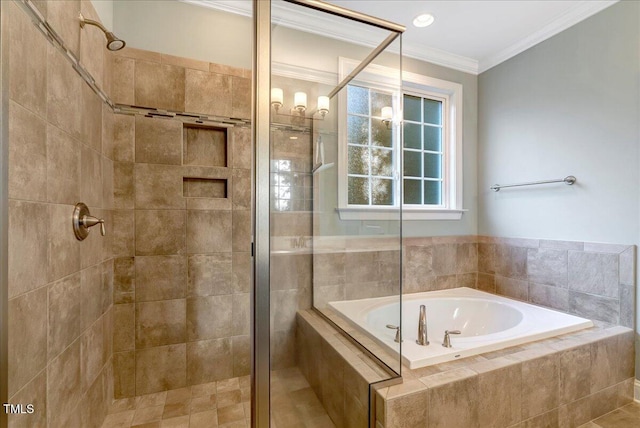 bathroom with crown molding, a bath, and a shower stall