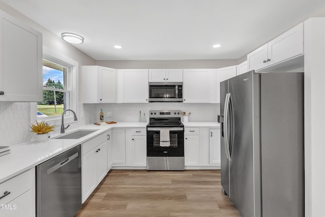 kitchen featuring white cabinets, backsplash, appliances with stainless steel finishes, and a sink