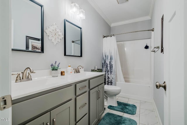 4072 Mackenzie Dr, Haw River, NC 27258 - bathroom featuring toilet, crown molding, double vanity, marble look tile flooring, and shower / bath combination with curtain