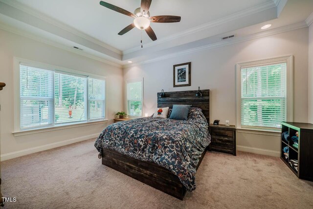 4072 Mackenzie Dr, Haw River, NC 27258 - bedroom featuring carpet floors, a tray ceiling, multiple windows, crown molding, and baseboards