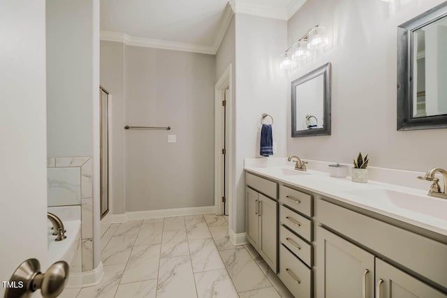 4072 Mackenzie Dr, Haw River, NC 27258 - bathroom with marble finish floors, ornamental molding, double vanity, a shower stall, and a bathtub