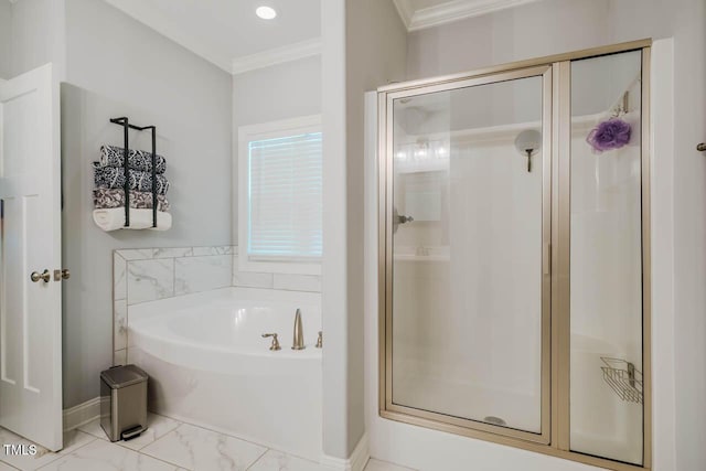 4072 Mackenzie Dr, Haw River, NC 27258 - full bathroom with crown molding, a garden tub, marble finish flooring, a shower stall, and baseboards