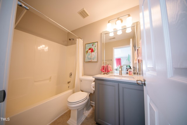 bathroom featuring vanity, visible vents, toilet, and shower / tub combo