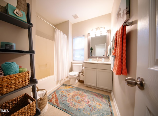 full bath with shower / bath combination with curtain, visible vents, tile patterned flooring, vanity, and toilet