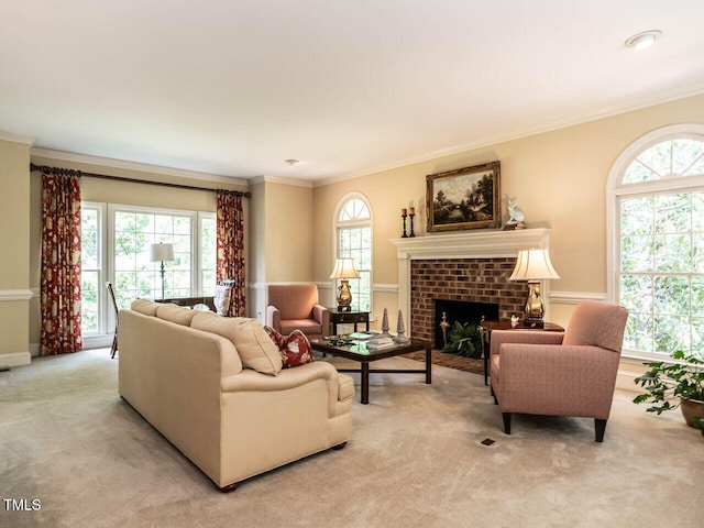 living room featuring crown molding, a wealth of natural light, and light colored carpet