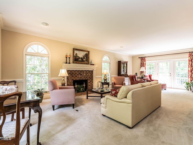 living room with crown molding, light carpet, and a wealth of natural light