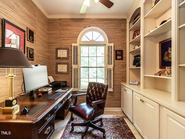 office area with crown molding and ceiling fan