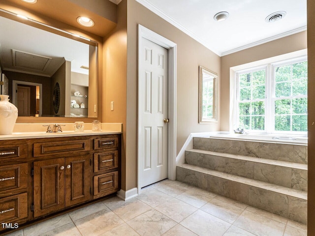 bathroom featuring crown molding, vanity, baseboards, and visible vents