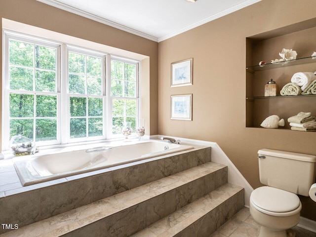 full bath with crown molding, a bath, and toilet