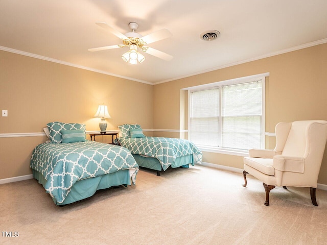 bedroom with visible vents, carpet flooring, baseboards, and ornamental molding