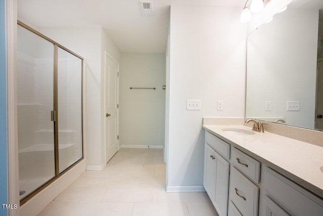 bathroom featuring visible vents, a shower stall, tile patterned flooring, and vanity