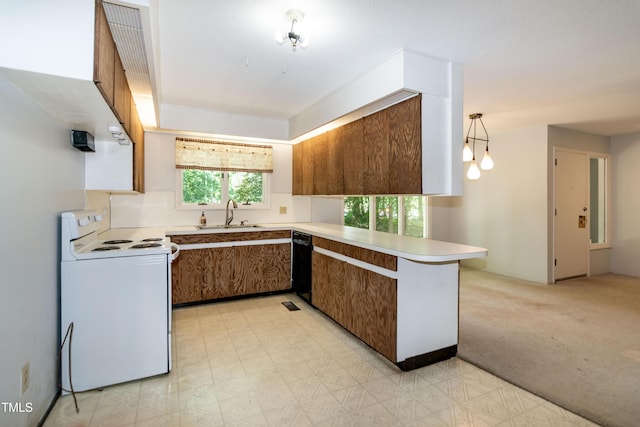 5213 Tomahawk Trl, Raleigh, NC 27610 - kitchen featuring electric range, a sink, a peninsula, light countertops, and dishwasher