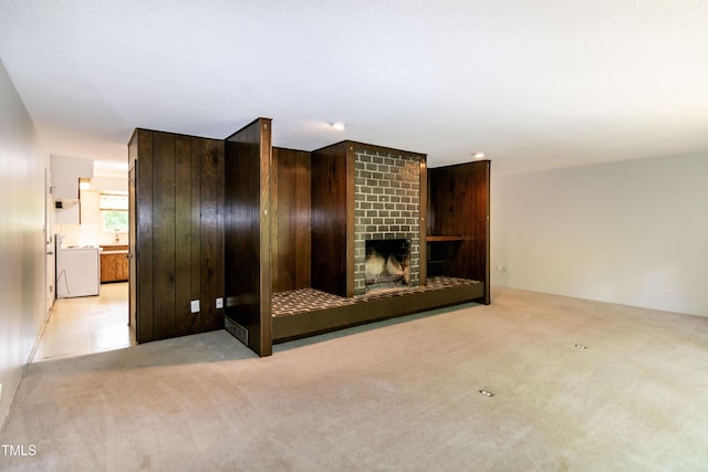 5213 Tomahawk Trl, Raleigh, NC 27610 - unfurnished living room featuring carpet and a large fireplace
