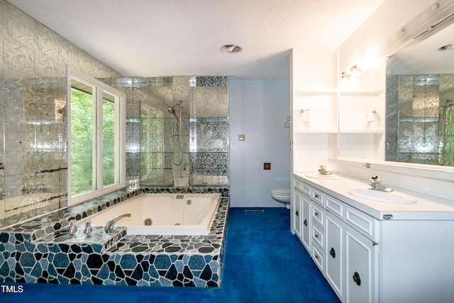 5213 Tomahawk Trl, Raleigh, NC 27610 - bathroom featuring toilet, a tub with jets, double vanity, and tiled shower